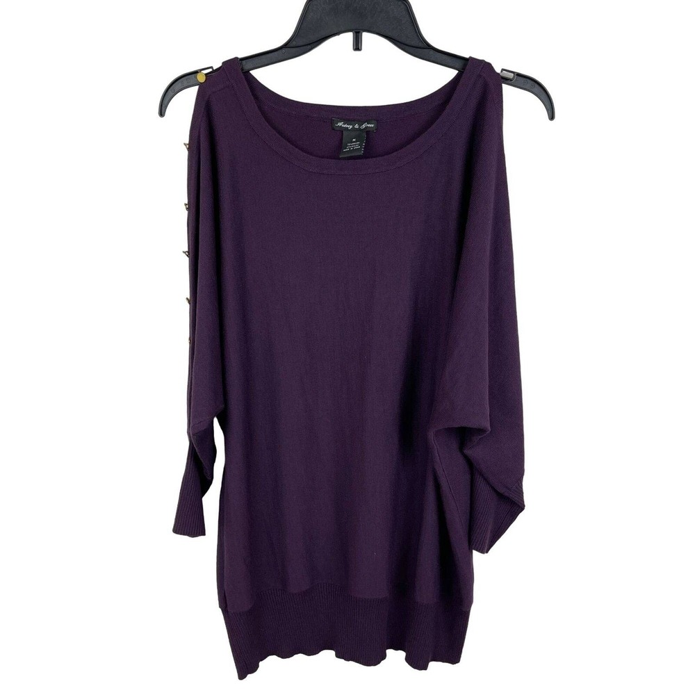 Audrey & Grace Purple Cold Shoulder Sweater Gold Button Batwing Sleeve Size‎ M